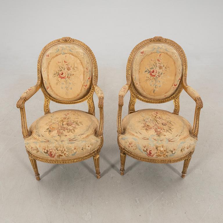 Sofa set, 3 pieces, Louis XVI style, circa 1900.