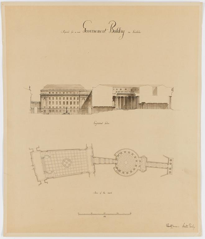 WOLTER GAHN/ISAC GUSTAF CLAESSON, teckning, ritningar, förslag till annex Riksdagshuset Stockholm, Mynttorget.