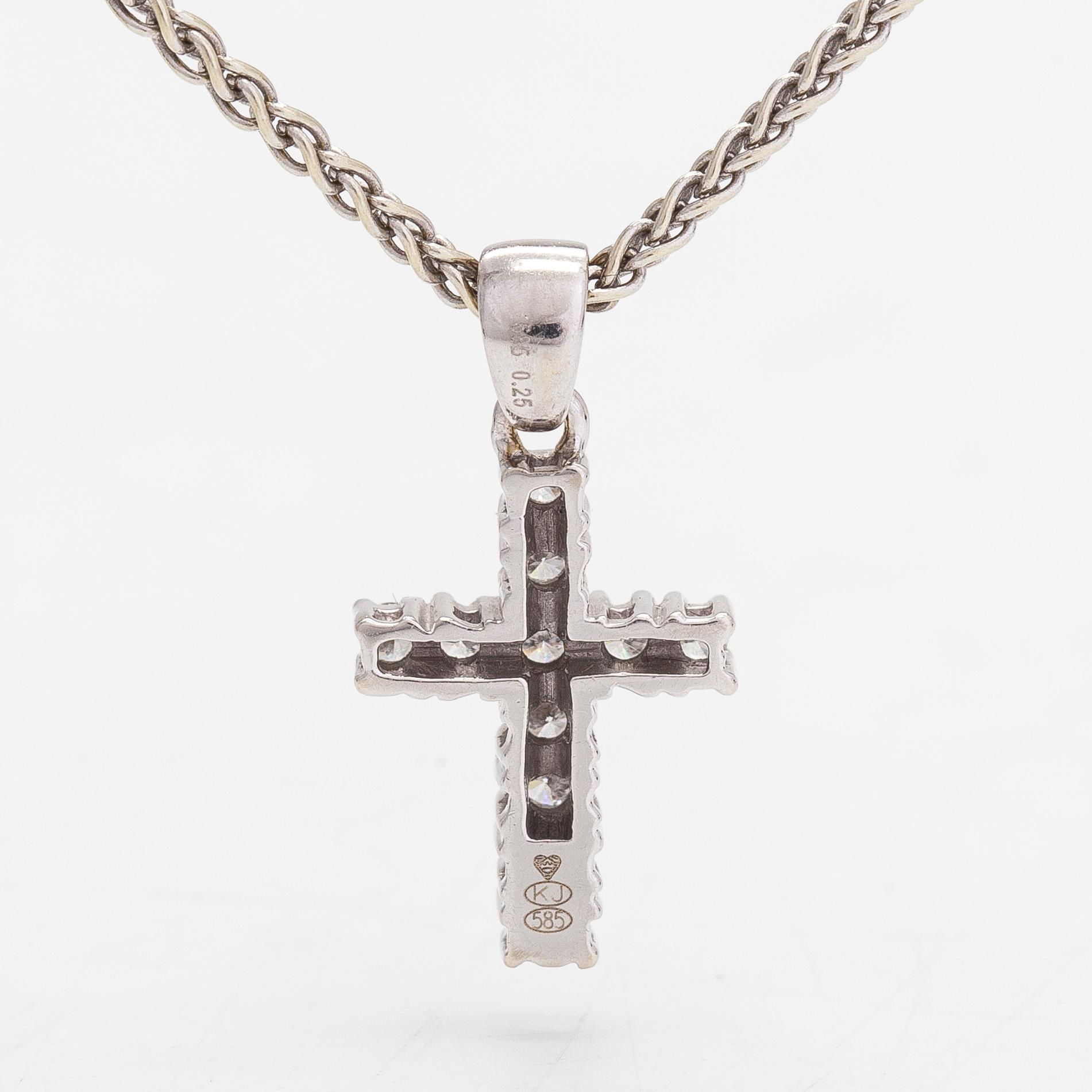 Necklace/pendant, cross, 14K white gold with diamonds totalling approx. 0.25 ct. Finnish hallmarks.