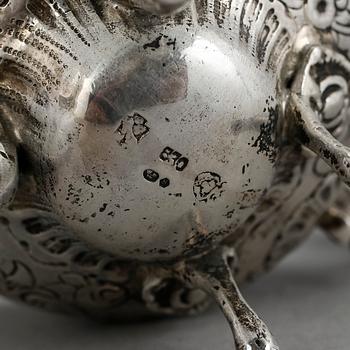 MOCKASERVIS, 3 delar, silver, rokokostil, 1900-tal. Total vikt ca 555 gram.