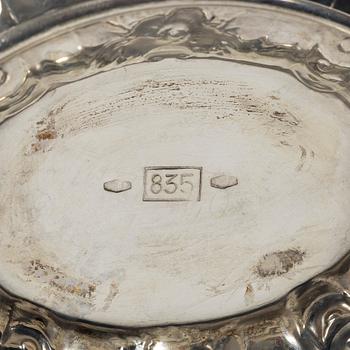 Sugar bowl, cream jug, tray, cup and miniature sugar tongs, silver, including William Mammatt & Son, Sheffield 1896.