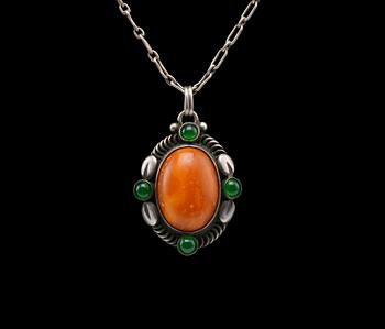 412. A PENDANT, 826 silver, amber, agath.  Georg Jensen Copenhagen 1909-14. Length 3,1 cm. Chain 44 cm.