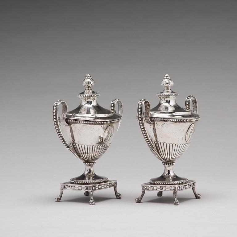 A pair of Swedish 18th century silver sugar-bowls and covers, mark of Johan Ekholm, Stockholm 1792.