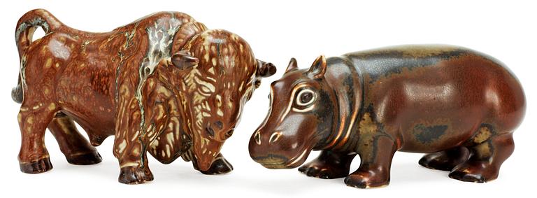 Two Gunnar Nylund stoneware figures, a bison and a hippo, Rörstrand.