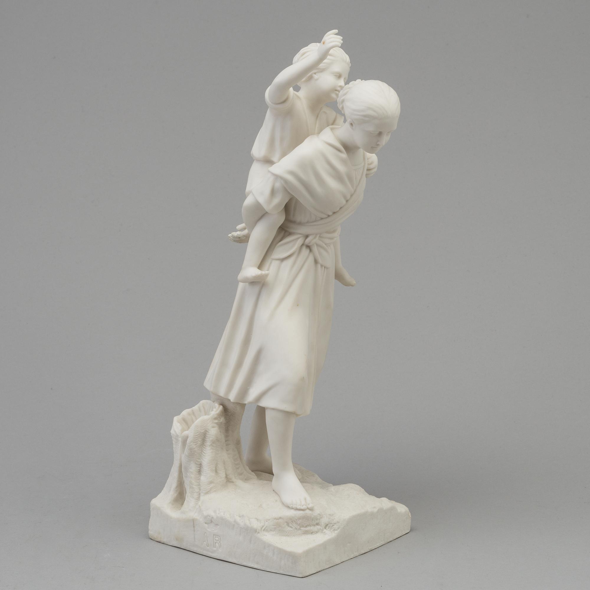 A parian sculpture of a girl with a boy on her shoulder, after desing by Adéle Rudensköld, Gustafsberg, 1960's.