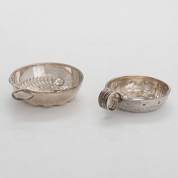 Two French silver taste du vin cups, 1819-38 and early 20th century.