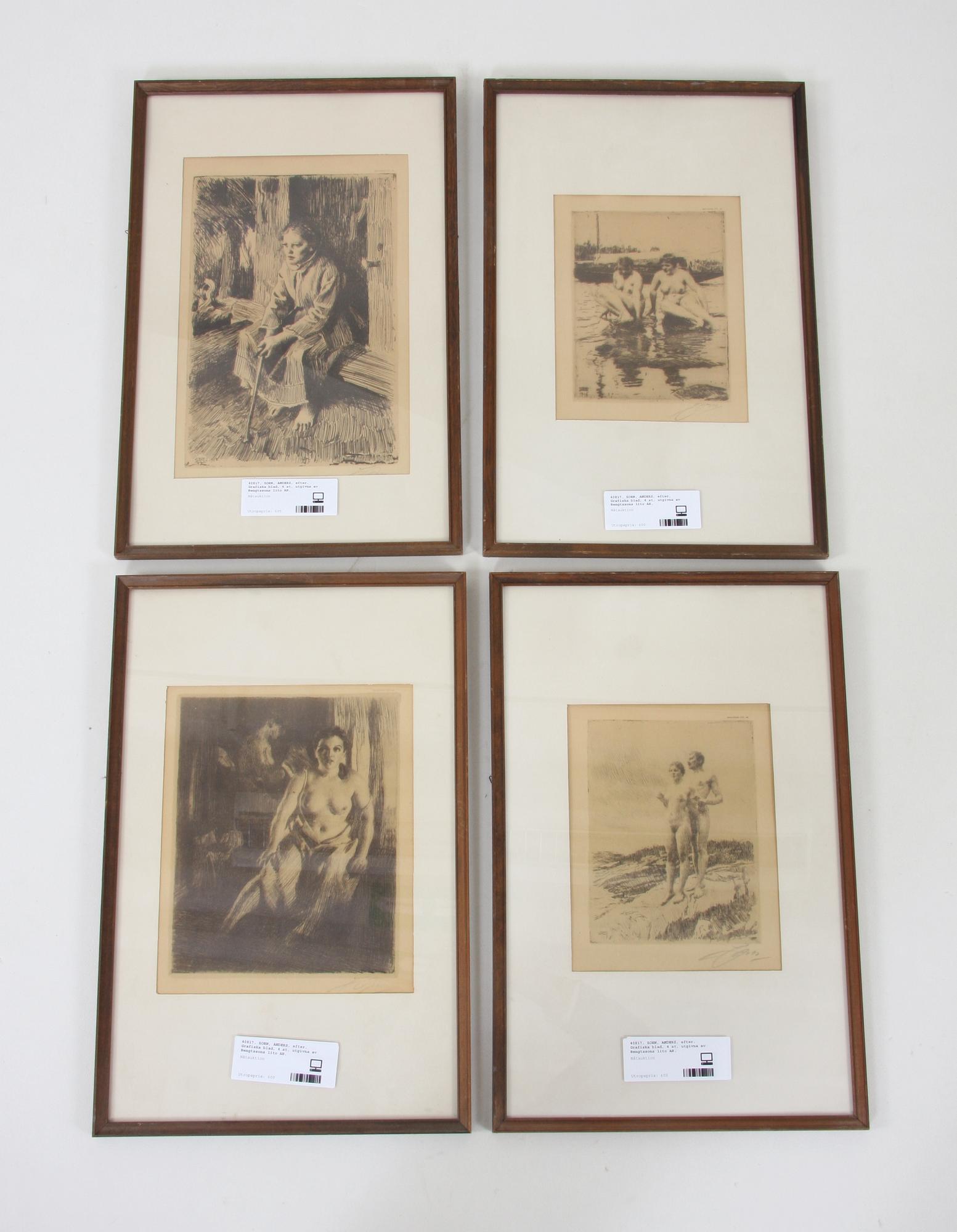 ZORN, ANDERS, efter. Grafiska blad, 4 st, utgivna av Bengtssons lito AB.