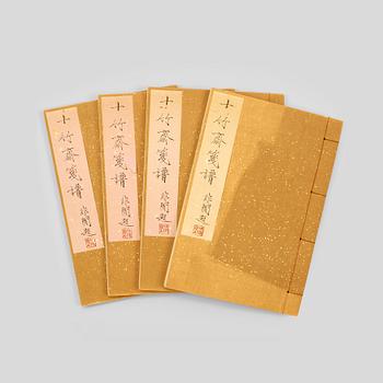 Book, 4 vol, richly illustrated with woodcuts in colours, "Shi zhu zhai jian pu" by Hu Zhengyan.