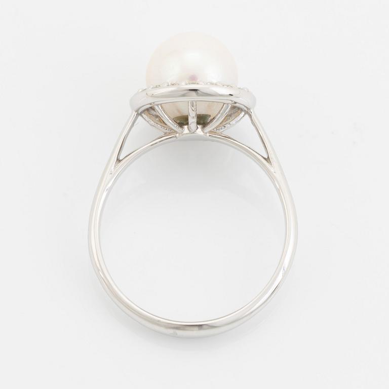 Akoya pearl and brilliant cut diamond ring.