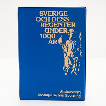 Mitalikokoelma, 60 kpl, sterlinghopeaa, "Ruotsi ja sen hallitsijat", Mynthuset, Sporrong, 1970-luku.
