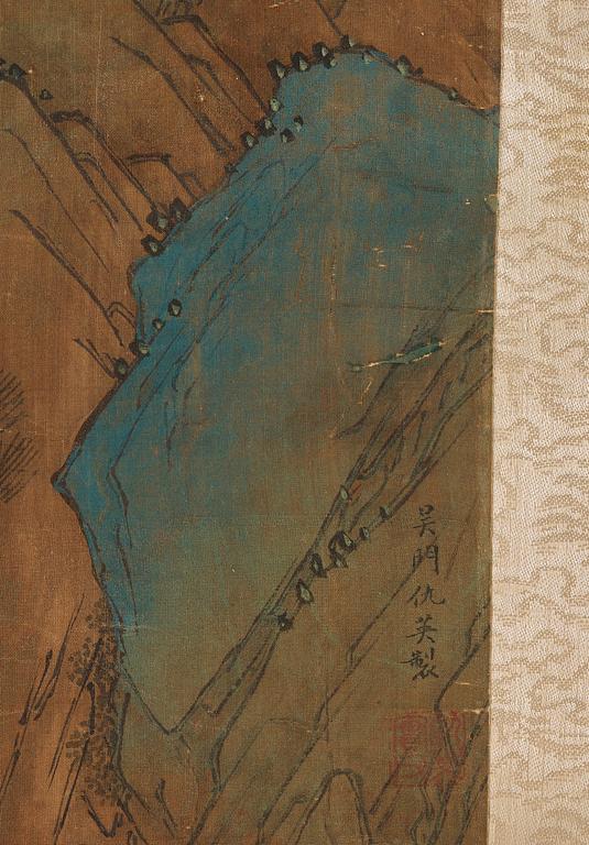 RULLMÅLNING, bergslandskap i Qiu Ying's stil (c.1494-1551).