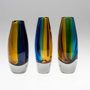 VICKE LINDSTRAND, three glass vases from Kosta.