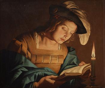 324. Matthias Stom (Stomer), (ca 1600- efter 1652). Yngling läsandes vid ljuset av ett vaxljus.