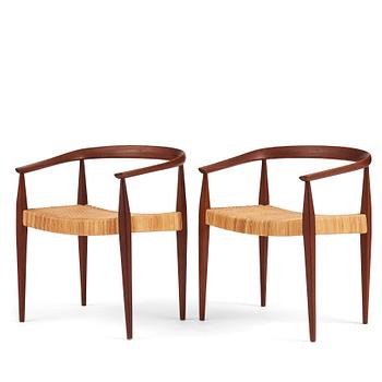 Nanna Ditzel, a pair of teak and rattan model 113 chairs, Poul Kold Savverk, Denmark, post 1955.