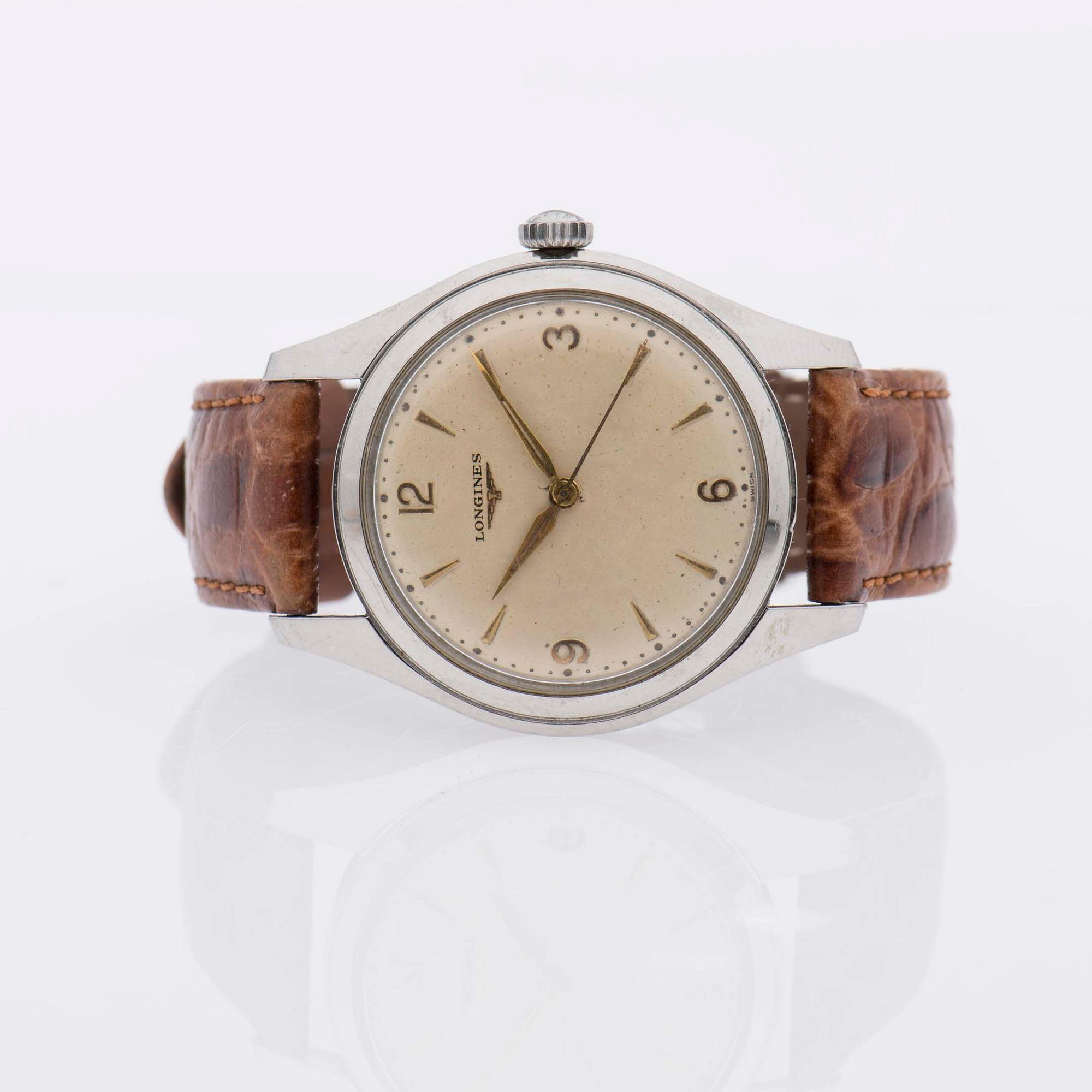 ARMBANDSUR, herr, Longines, stål, läderarmband.