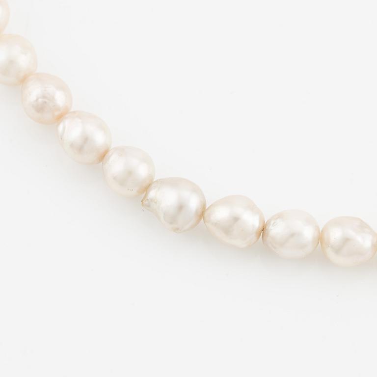 A necklace of cultured pearls without a clasp.