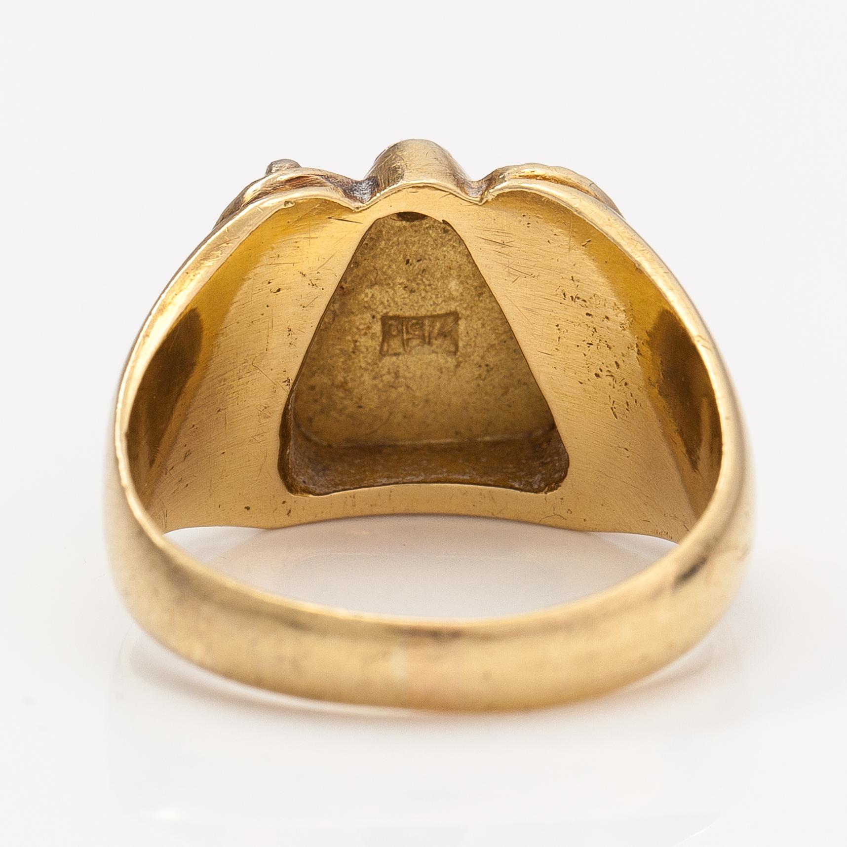 Vapaamuurarisormus, 18K kultaa ja timantti n. 0.02 ct.