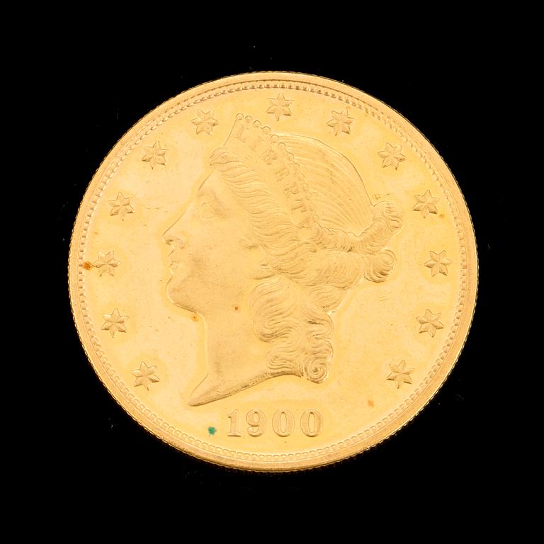 GULDMYNT, fine gold, 20 dollars, Liberty, USA. 1900. Vikt ca 33 gram.