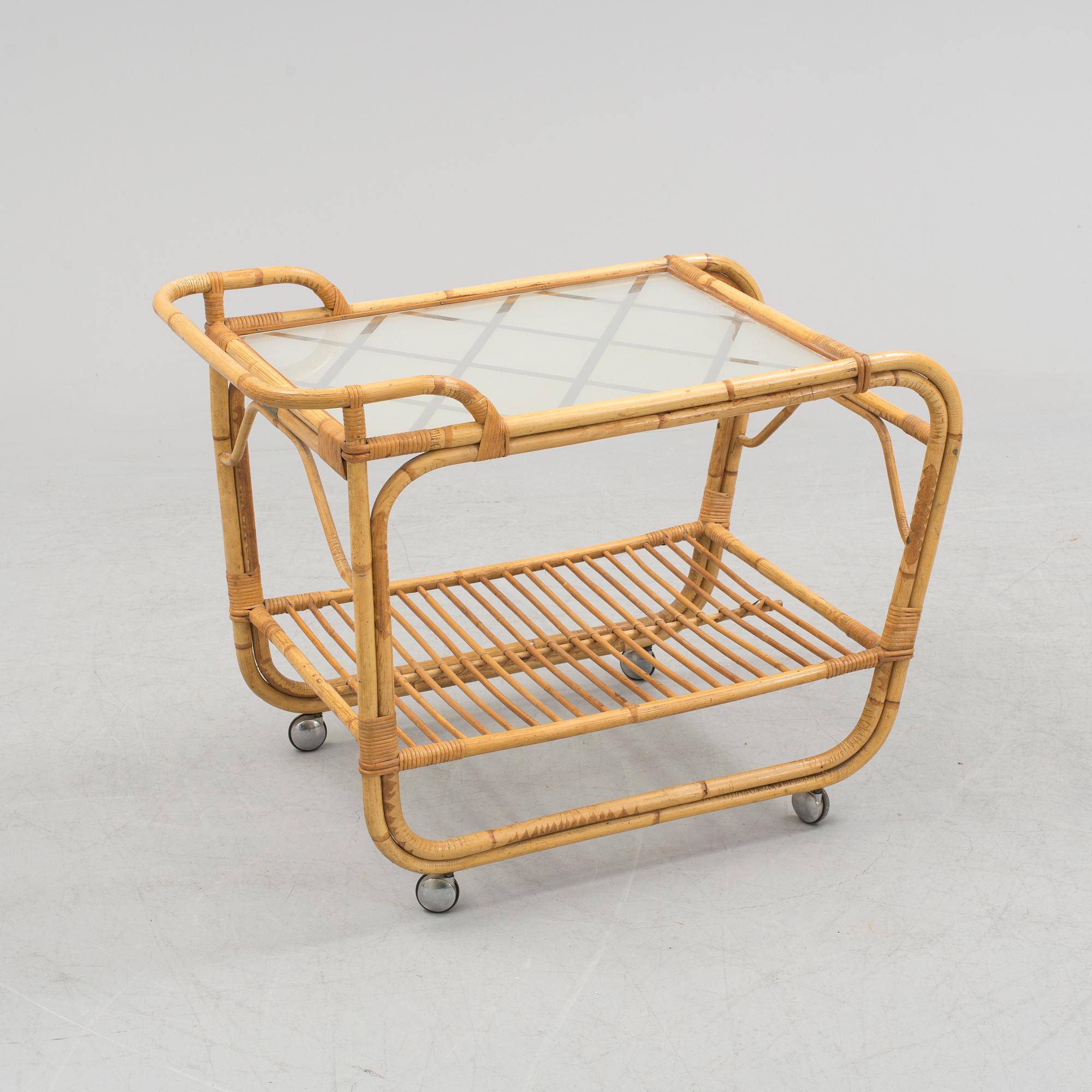 A bamboo and rattan tea trolley from Korgmöbelhantverk E.W. Ottosson, Stockholm, 1940's.
