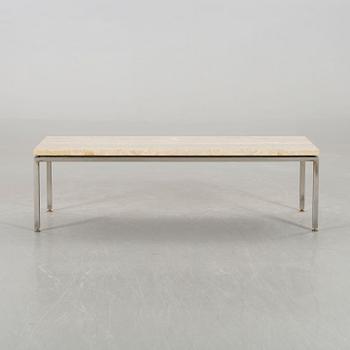 A TRAVERTINE TOP SOFA TABLE.