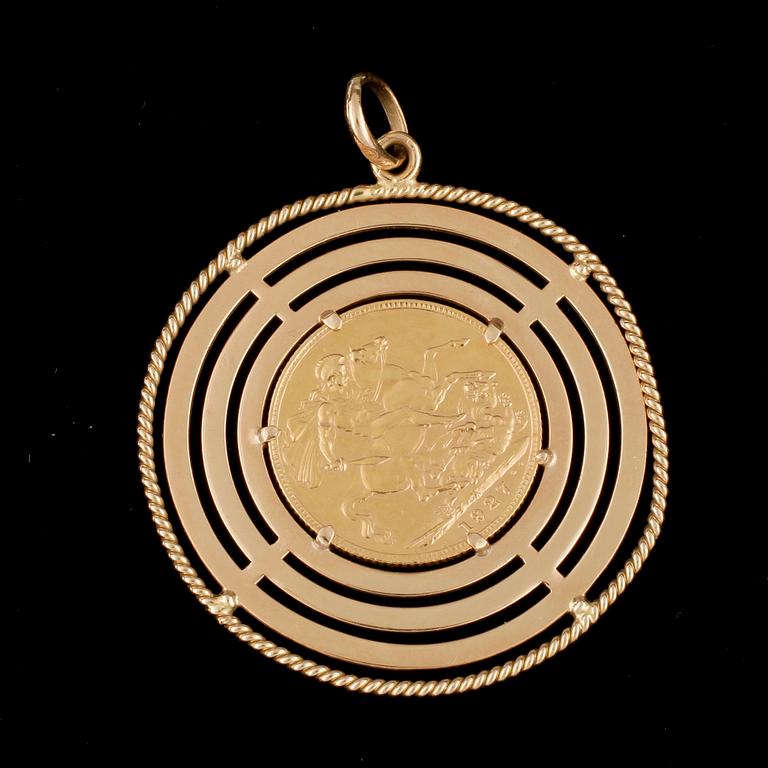 MYNT i hänge, Storbritannien, lägst 21,6K guld, ram 18K guld. Totalvikt ca 16,7 g.