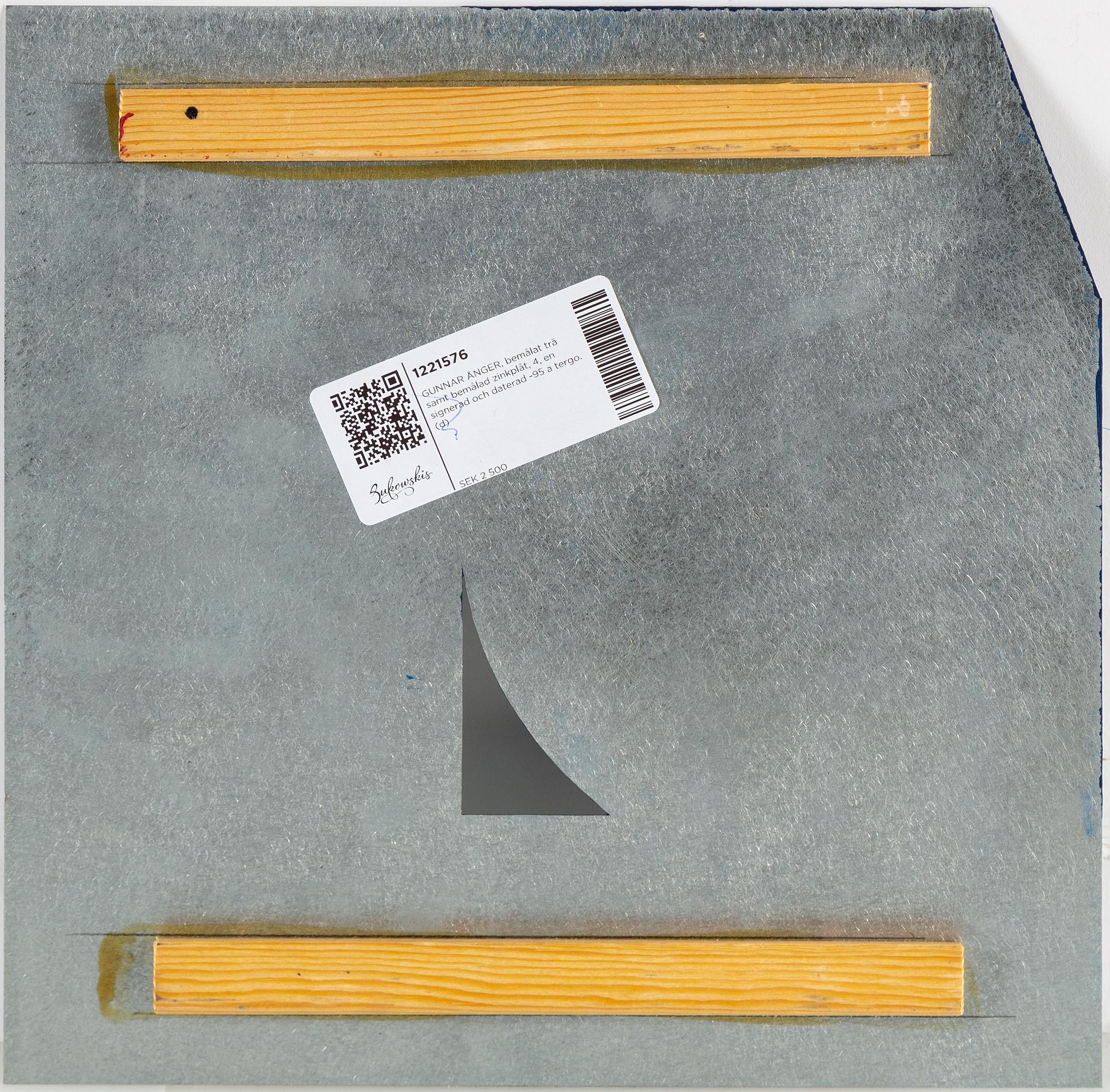 GUNNAR ÅNGER, painted wood and zinc plate, 4, one signed and dated 95 verso.