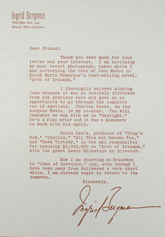 AUTOGRAFER, 3 st, Ingrid Bergman, Zarah Leander och Viveca Lindfors.