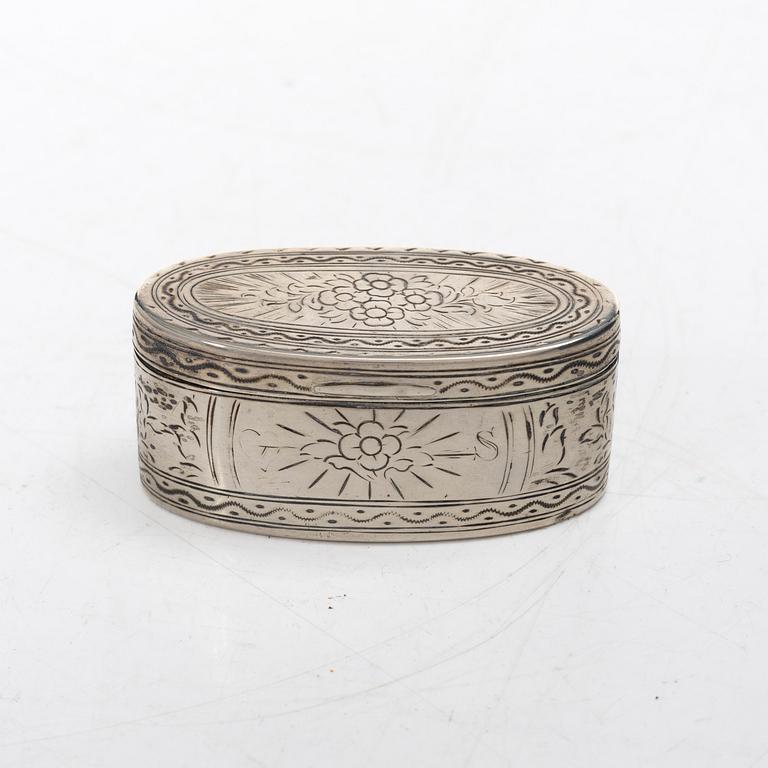 Five silver boxes, 19th century.