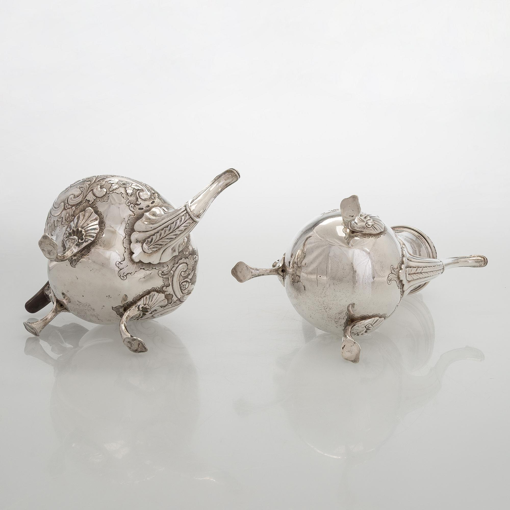 Kaffe- och teservis, 4 delar, silver, rokoko, Portugal, 1780-tal, olika silversmeder.