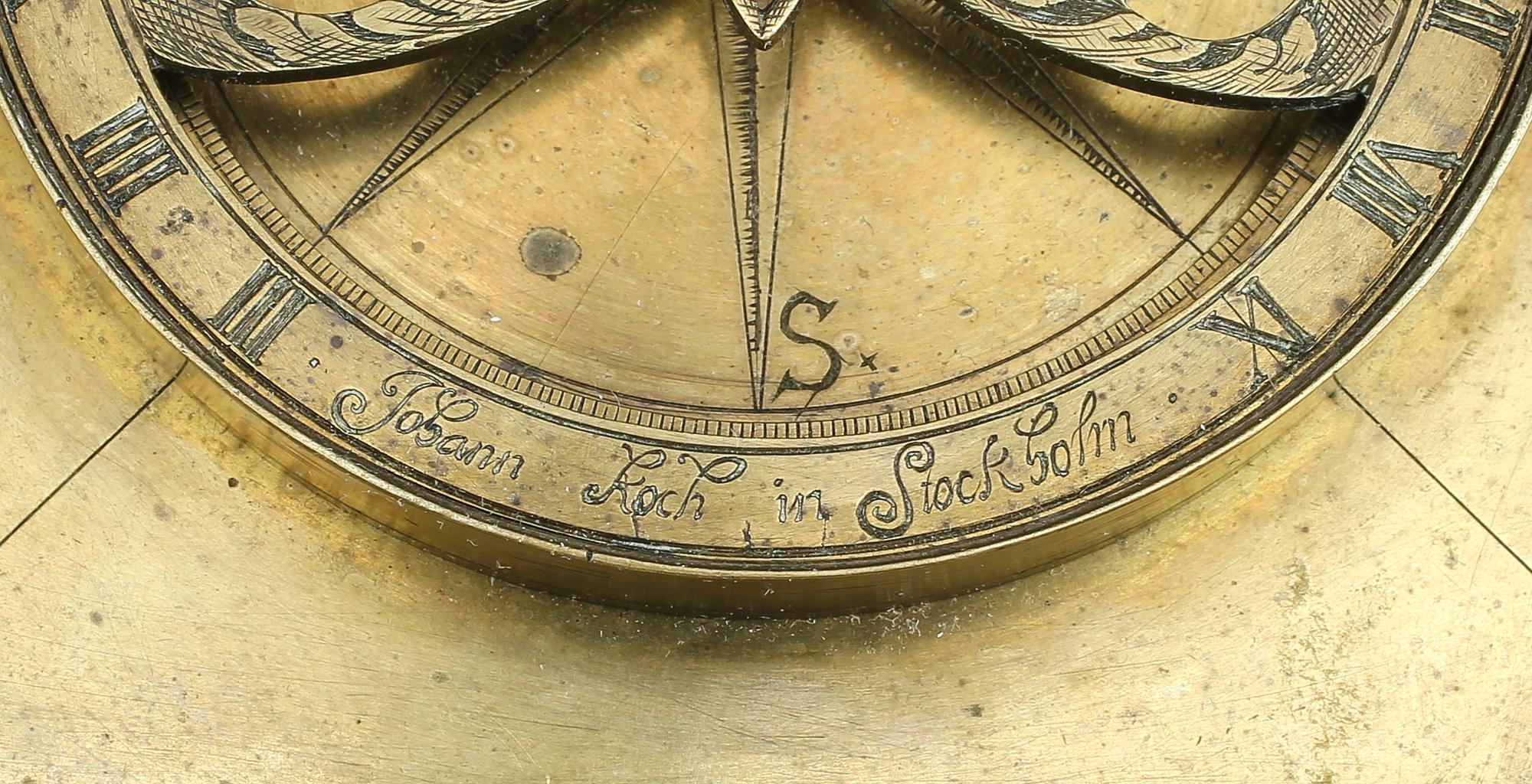 KOMPASSUR, mässing, märkt Johann Koch, Stockholm, verksam 1665-79.
