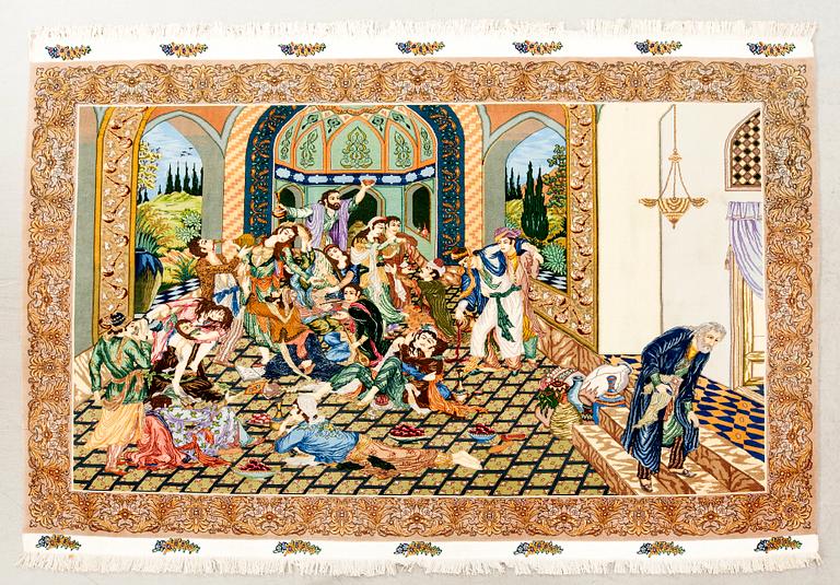 An old Tabris part relief carpet approx 212x300 cm.