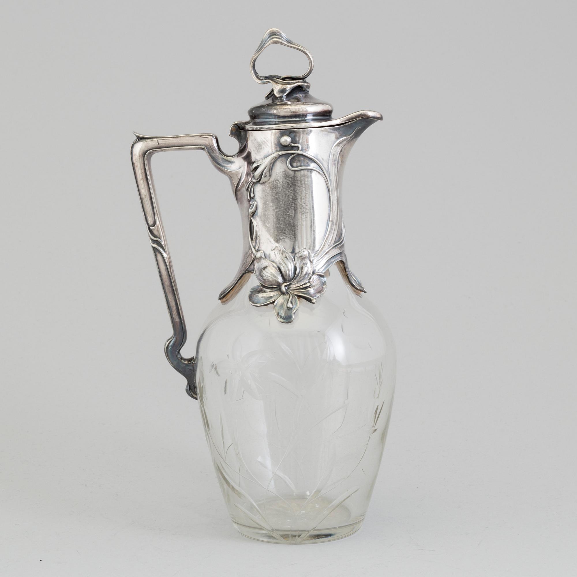 VINKANNA, nysilver och glas, jugend, troligen Tyskland, ca 1900.