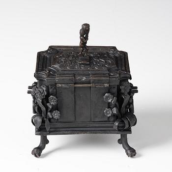 A South-German, presumably Nuremberg, Baroque iron and steel strongbox, later part of the 17th century.