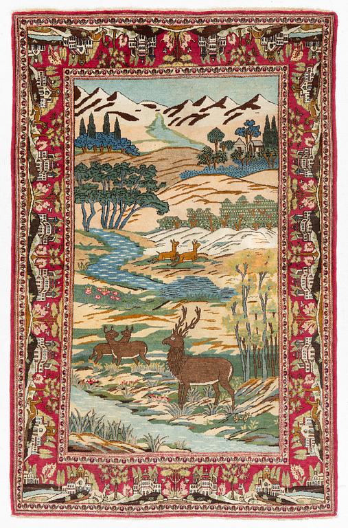 A pictoral semi-antique Keshan rug, c 210 x 128 cm.