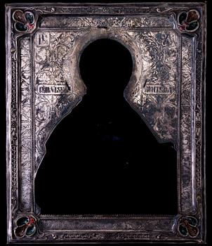 IKON, tempera på pannå, RISA, försilvrad koppar och SIDOHELGON, 2 st, tempera på pannå, Ryssland 1800-talets slut.