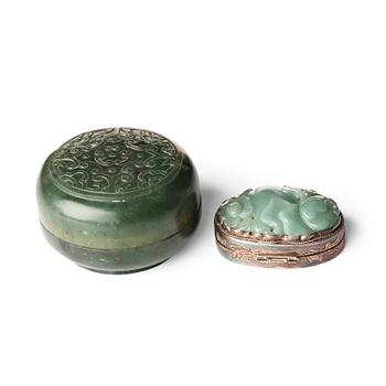 745. Two Chinese nephrite boxes, one with silver mount.