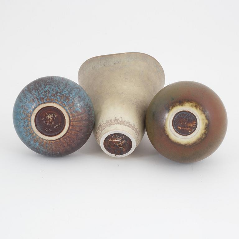 Carl-Harry Stålhane, three stoneware vases and a bowl, Gunnar Nylund a vase, and a vase Humlrbaek, Denmark.