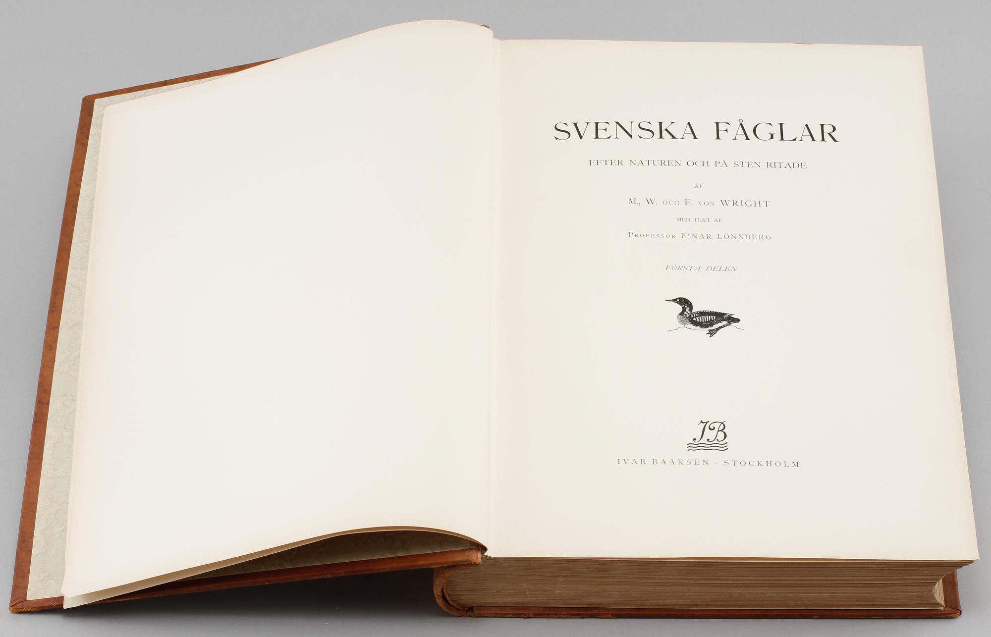 BOKVERK, 3 vol, "Svenska fåglar", MW. & F. von Wright, Stockholm 1924-1929.