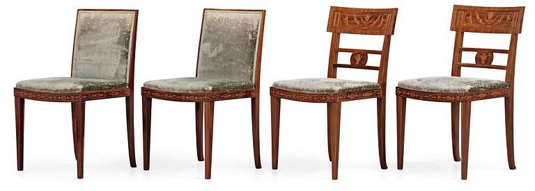 Two + two Swedish wooden chairs with stylized inlays,