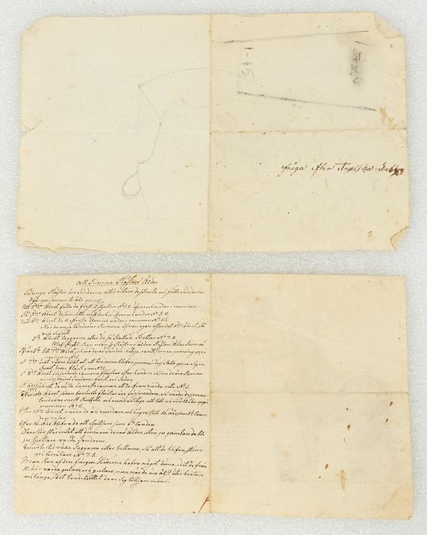 Anatomical study of a horse and drawings of a carriage, saddle, and bridle, 7 pieces, 17th/18th century.