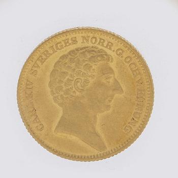 A gold 2 ducat coin Karl XIV Johan of Sweden, 1843.