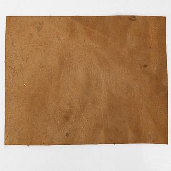 Unidentified artist, three paintings on leather, Iran, late Qajar dynasty/20th century.