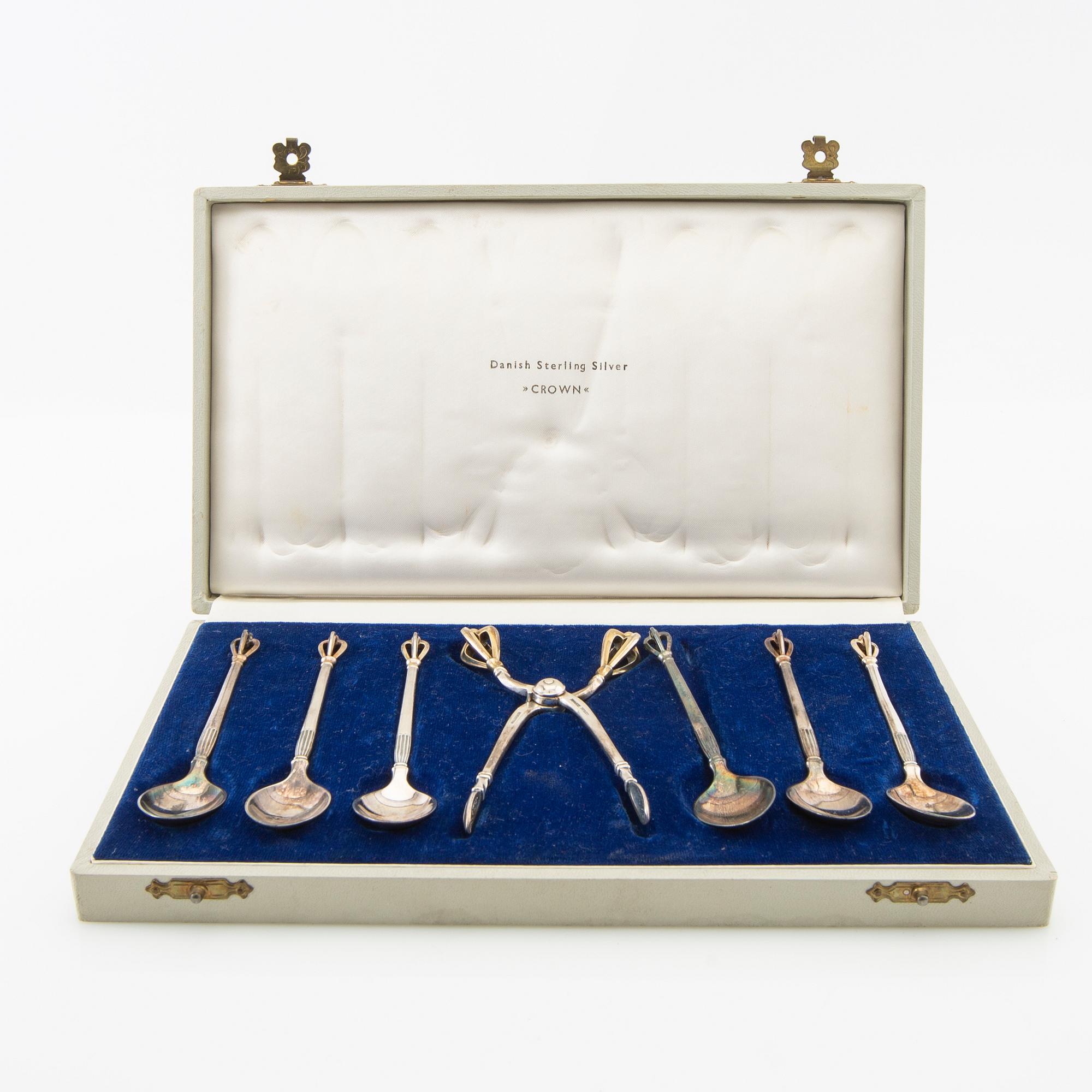 W&S Sorensen spoons 6 pcs and sugar tongs "Crown" sterling silver Denmark mid/second half of the 20th century.