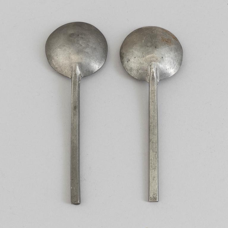 TWO 19TH CENTURY PEWTER SPOONS.