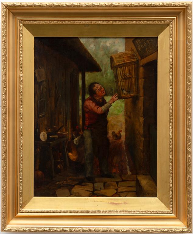 English artist, 19th century, signed E J Harland, Man with aviary.