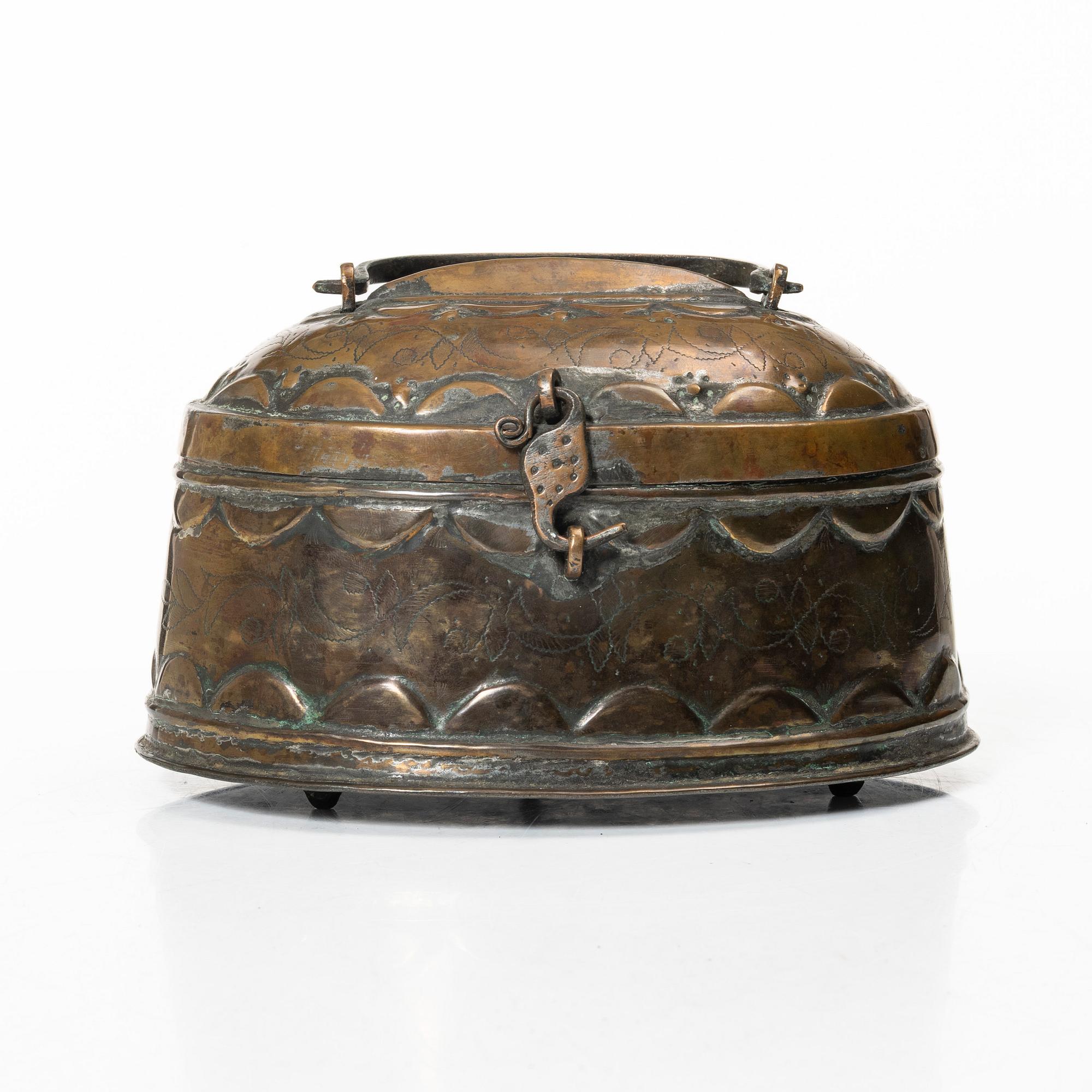 A Swedish baroque repousse copper box, 18th century.