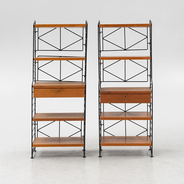 A pair of teak veneered bedside tables with shelves, Sweden, 1950's/60's.