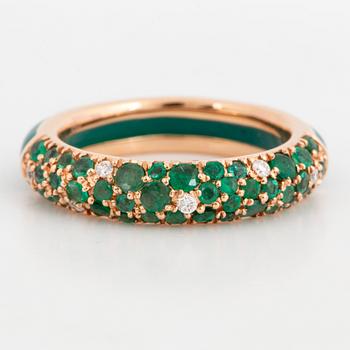 green enamel, gold and emerald and brilliant-cut diamond band ring.