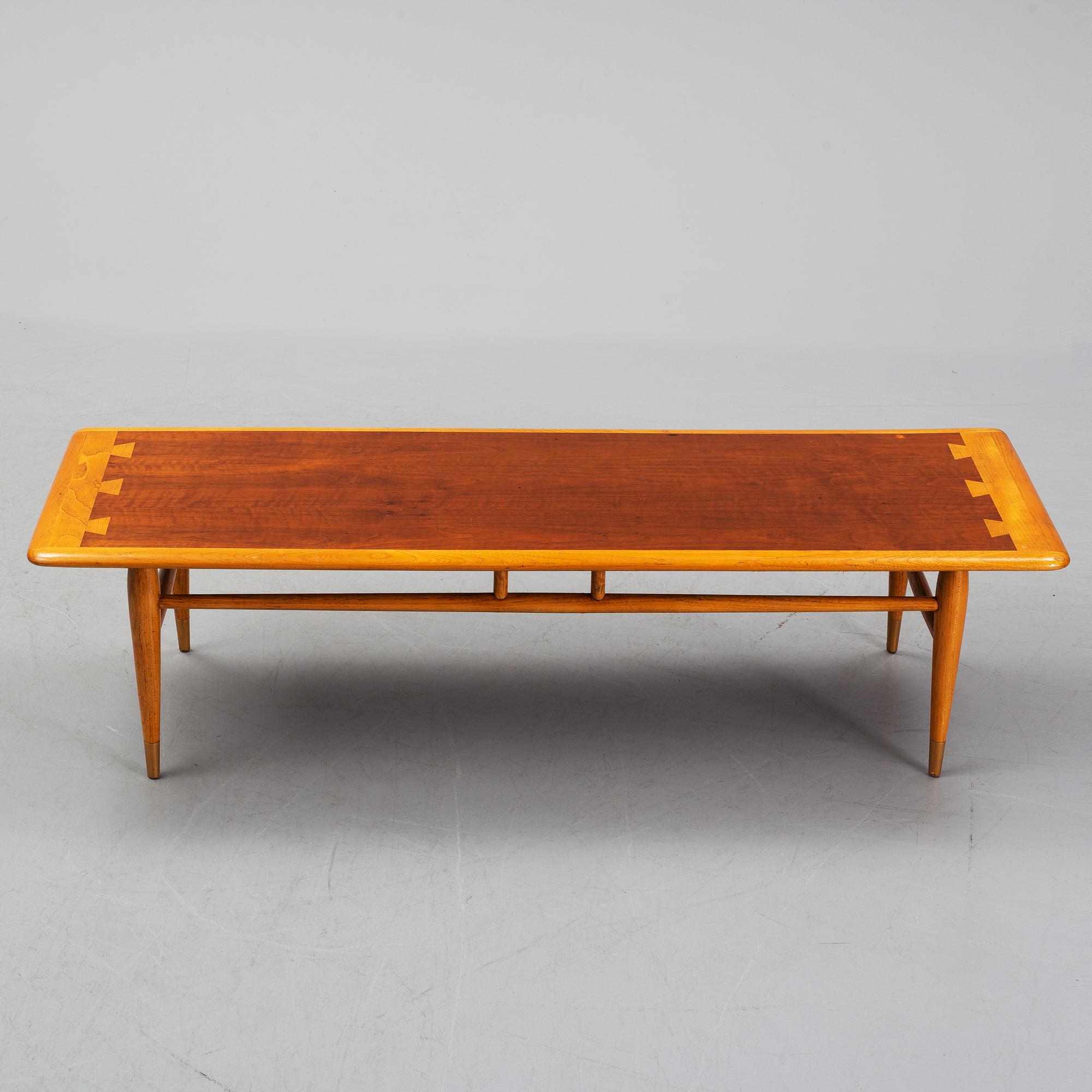 An oak and teak coffee table marked 'Lane Altavista, VA.'.