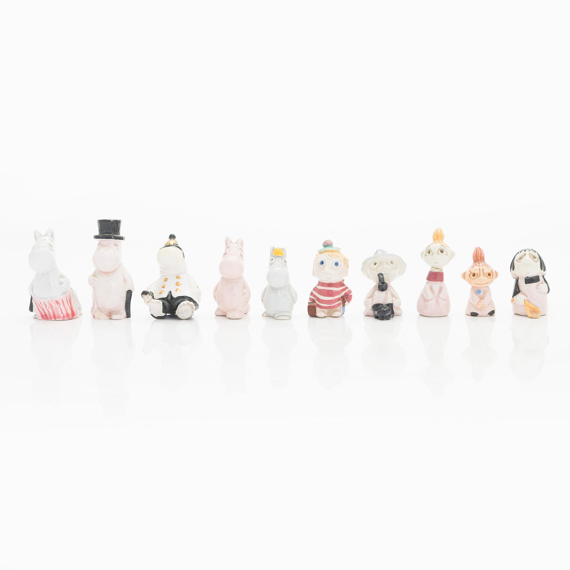 Leo Tykkyläinen, Muumi-figuriineja, 10 kpl, keramiikkaa, 1950-luku.